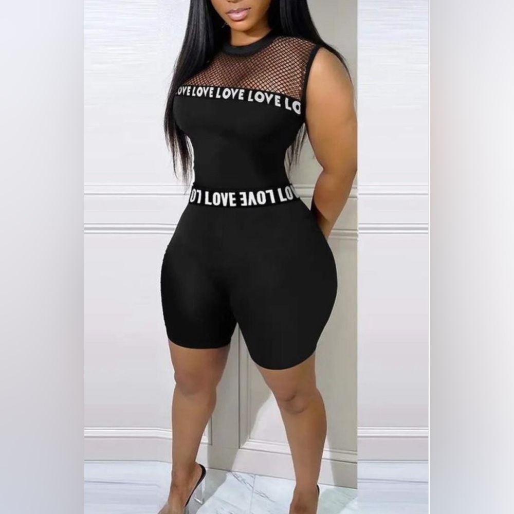 BLACK LETTER BAND PATCH FISHNET DESIGN TOP SHORTS SET